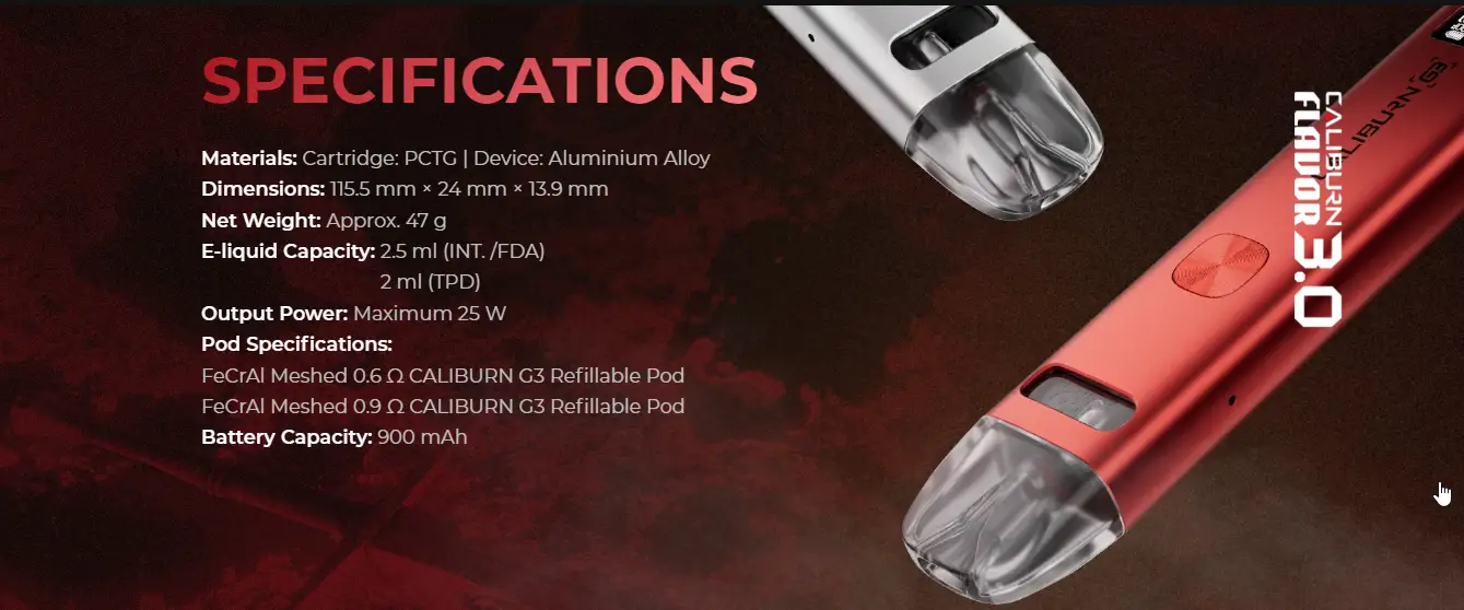 UWELL CALIBURN G3 specifications 